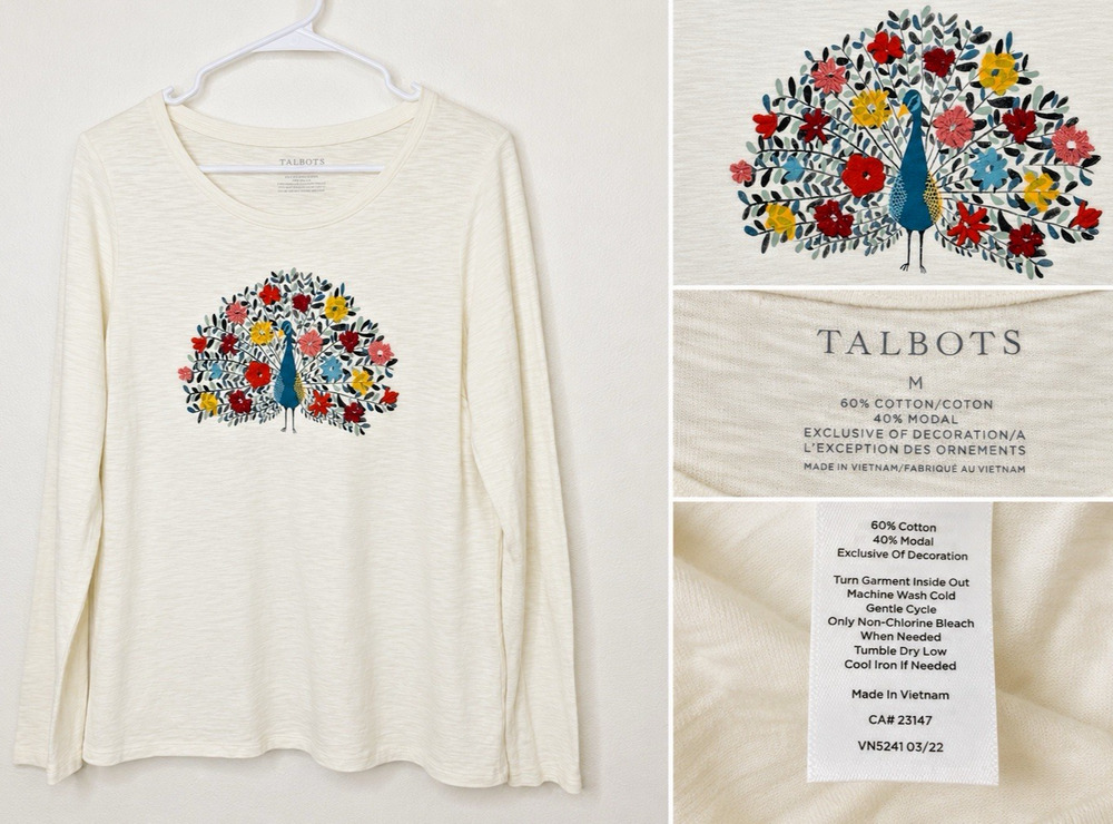 Talbots Peacock Embroidered Long Sleeve T Shirt Womens M Ivory Boho Colorful Top